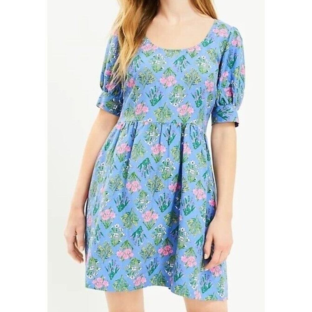 Loft Mini‎ Dress Size 6 Blue Floral U Neck Puff Sleeve Linen Blend Cottage
